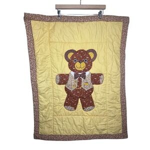 Handmade Quilted Teddy Bear Blanket Yellow Floral Border Baby Nursery 29x37